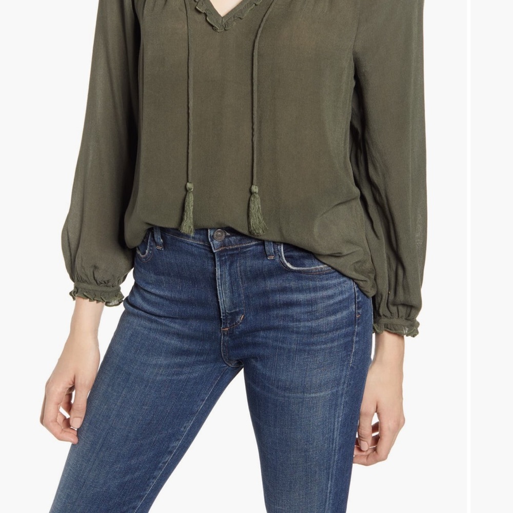 Lucky Brand Olive Green Long Sleeve Tie Front Blouse XL - Picture 6 of 10
